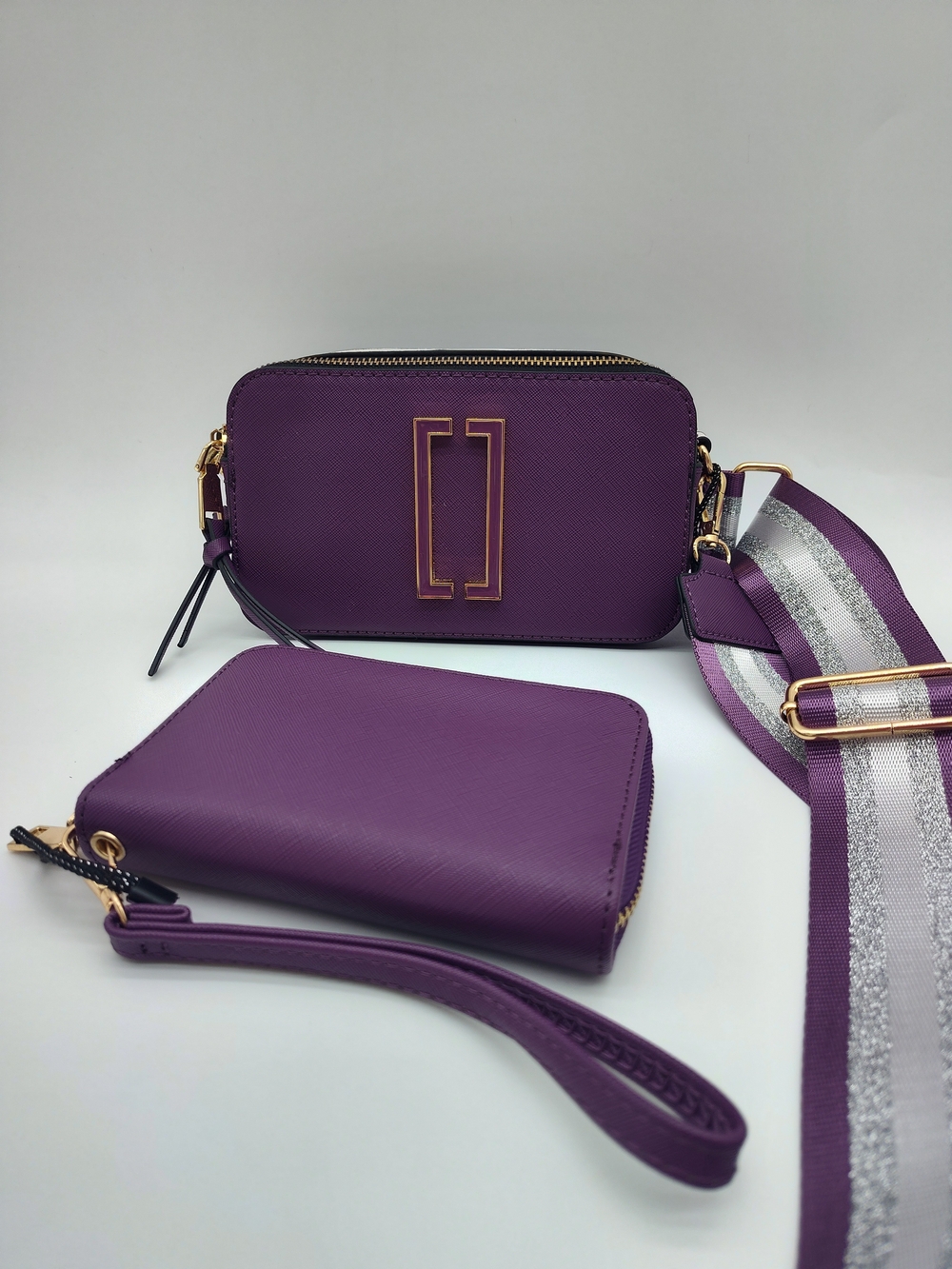 CLASSIC FASHION Purple Crossbody Bag Matching Wallet Set Metallic Guitar Strap